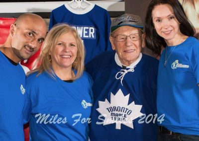 NHL Hockey legend, Johnny Bower travels to NL to attend a Miles for Smiles fundraising event. Andy Bhattie, Debbie Sitler, Johnny Bower and Bev Moore Davis (2014)